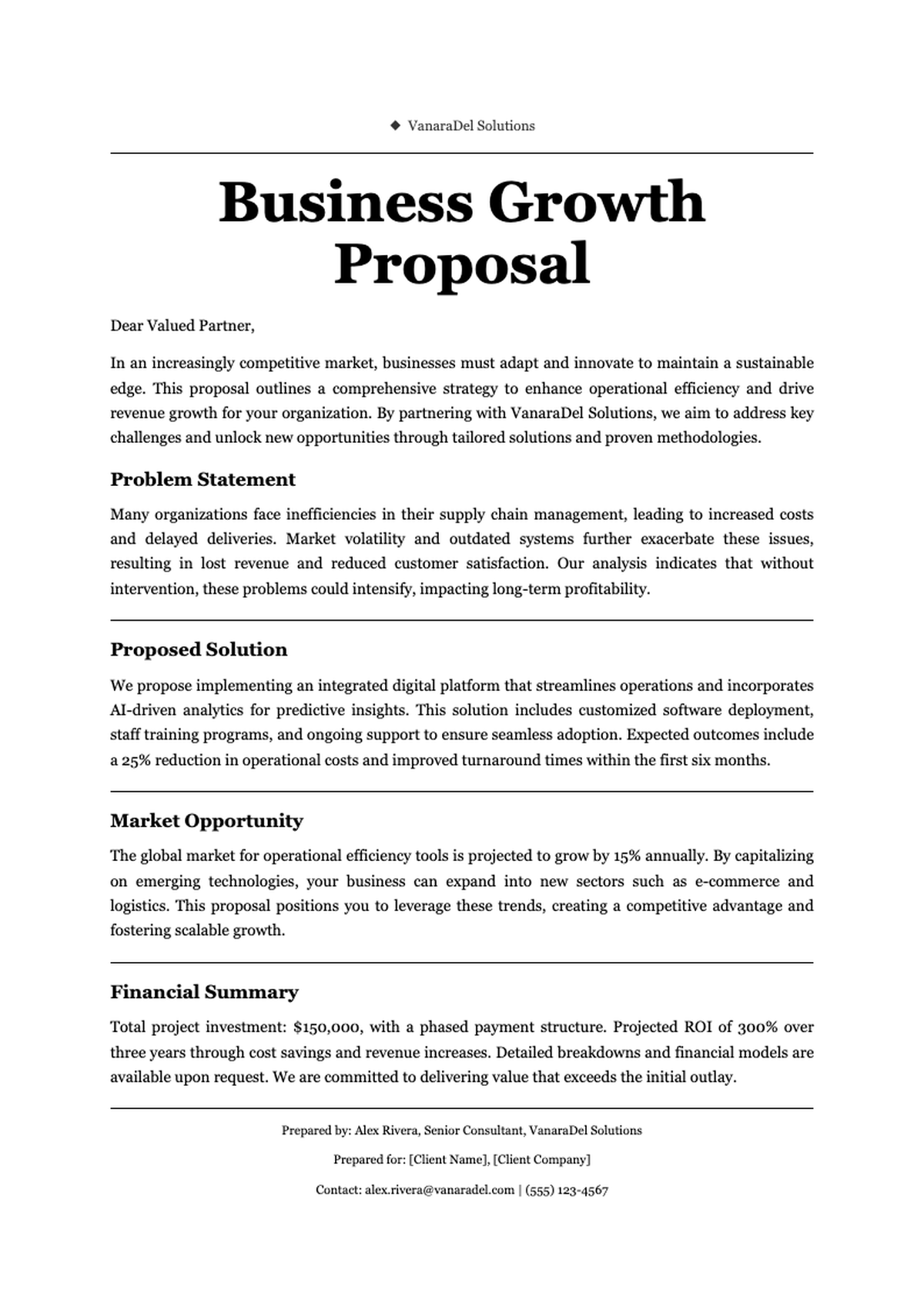 Formal growth business proposal document with problem solution sections and financial summary_variant_3